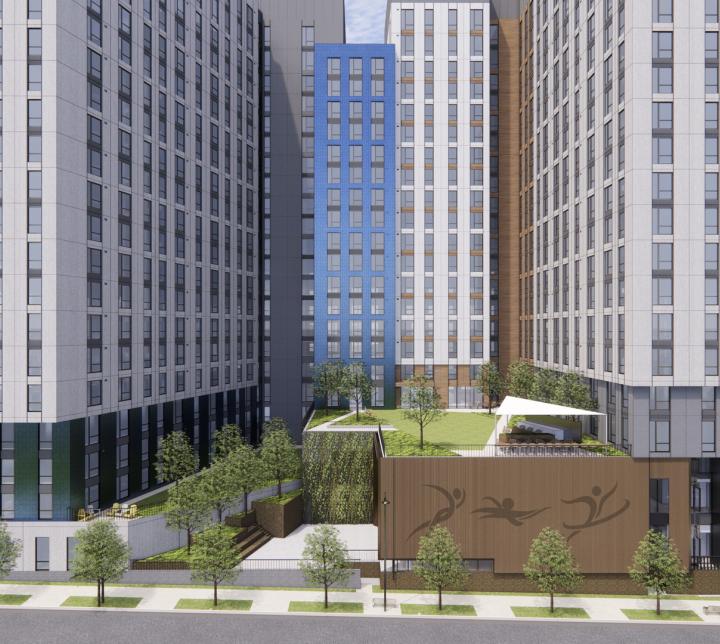 Rendering of The Exchange at Spring Hill Station, two mixed-use towers with all affordable housing units