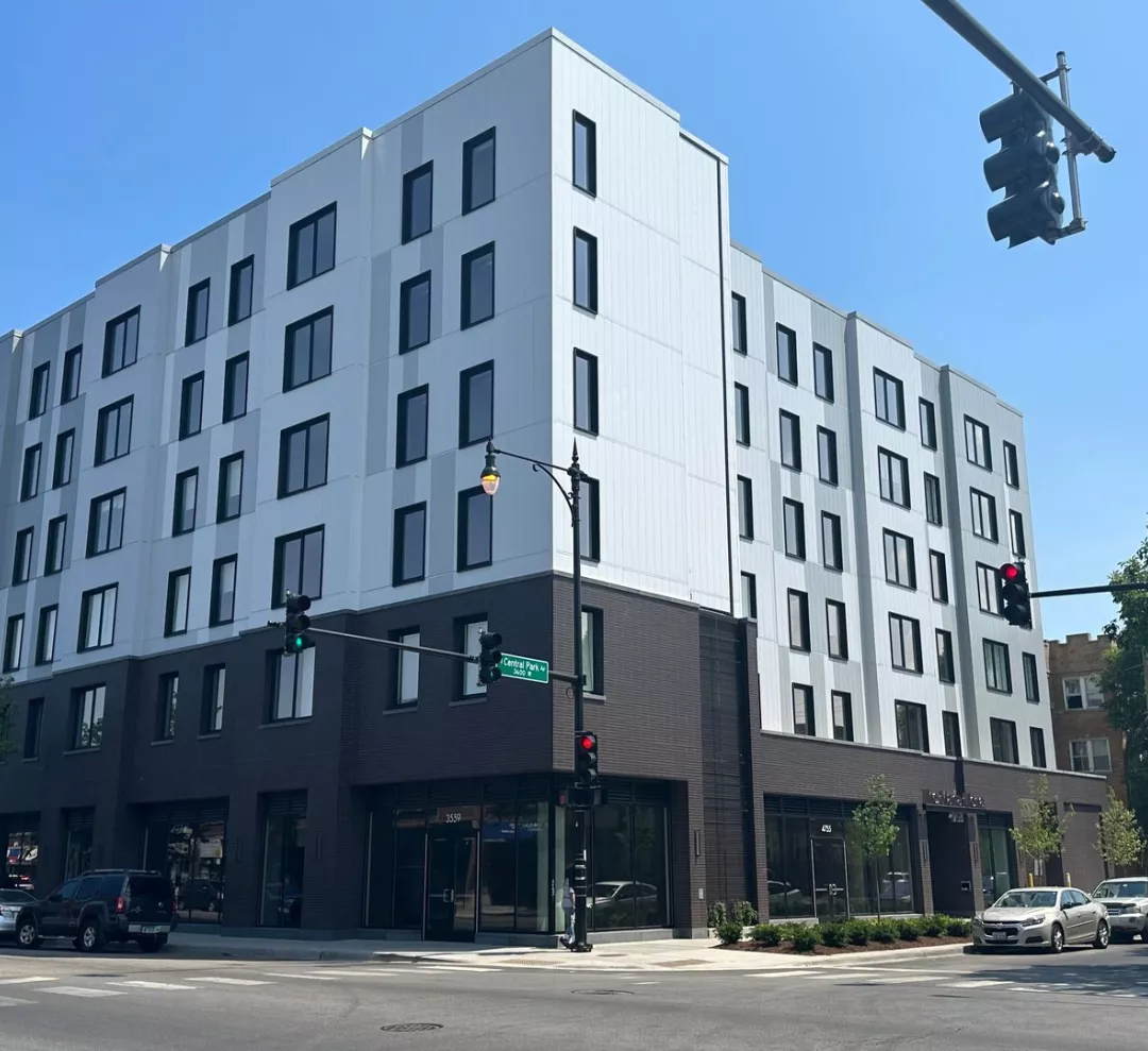 Exterior of the affordable apartment building.